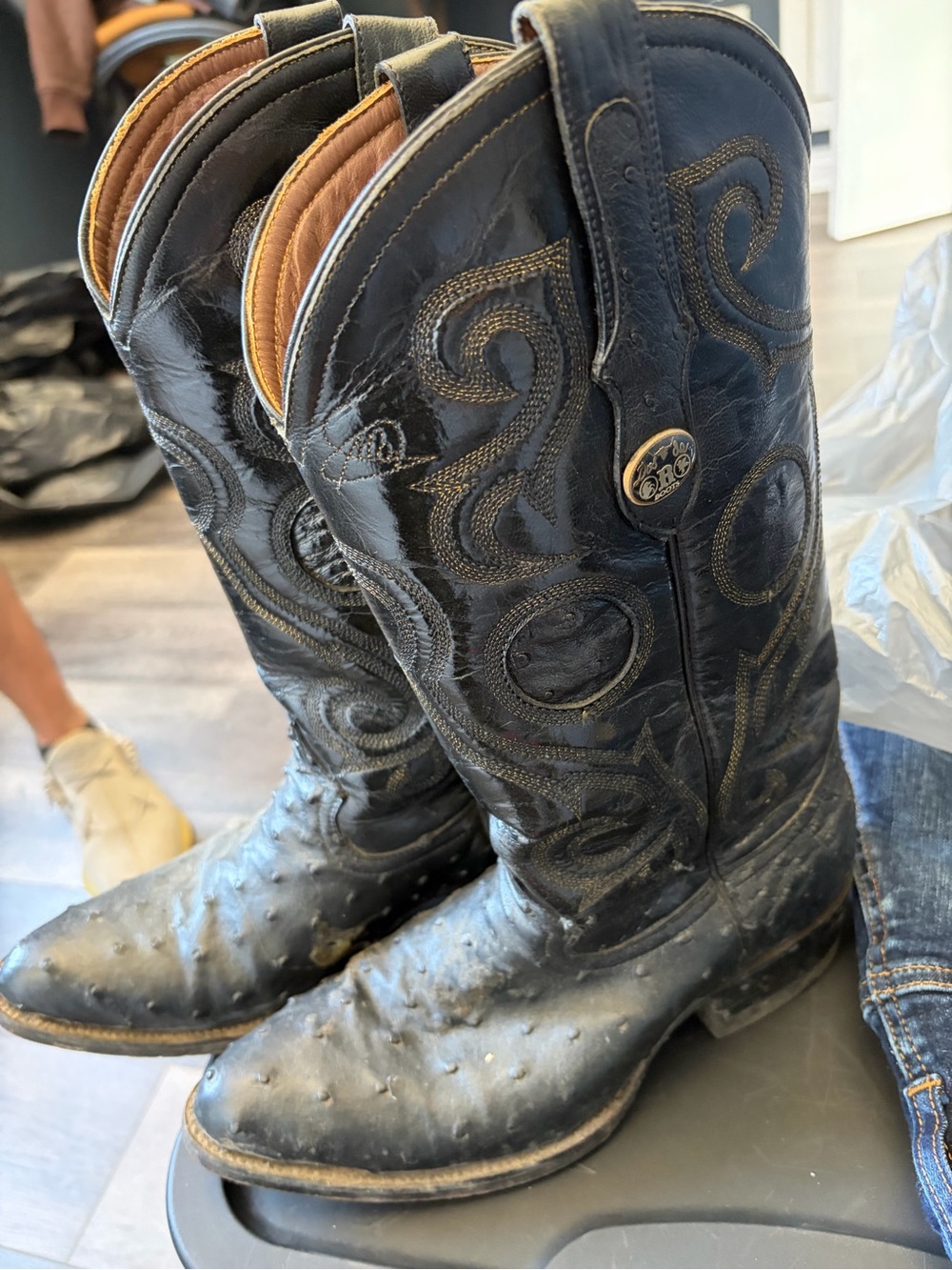 Black Embossed Leather Western Boots